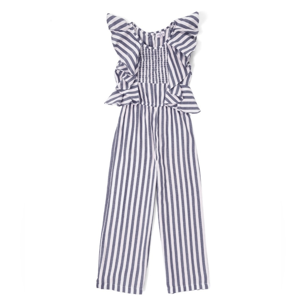 EUC. Size 7/8. Laura Ashley Girls Blue & White Striped Ruffle Smocked Jumpsuit